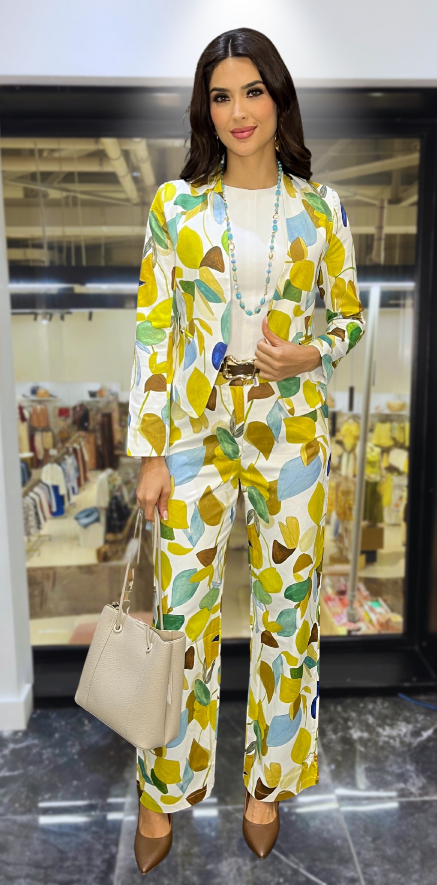 Green Leaf Print White Pants