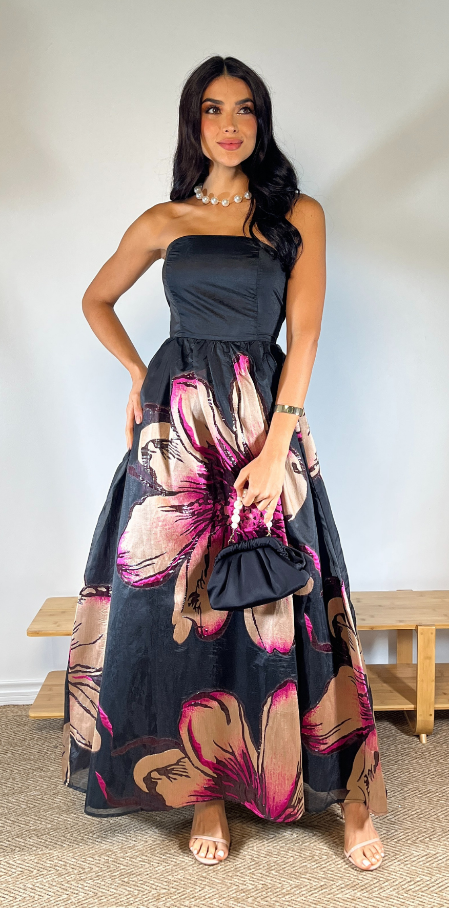 Floral Black Strapless Dress