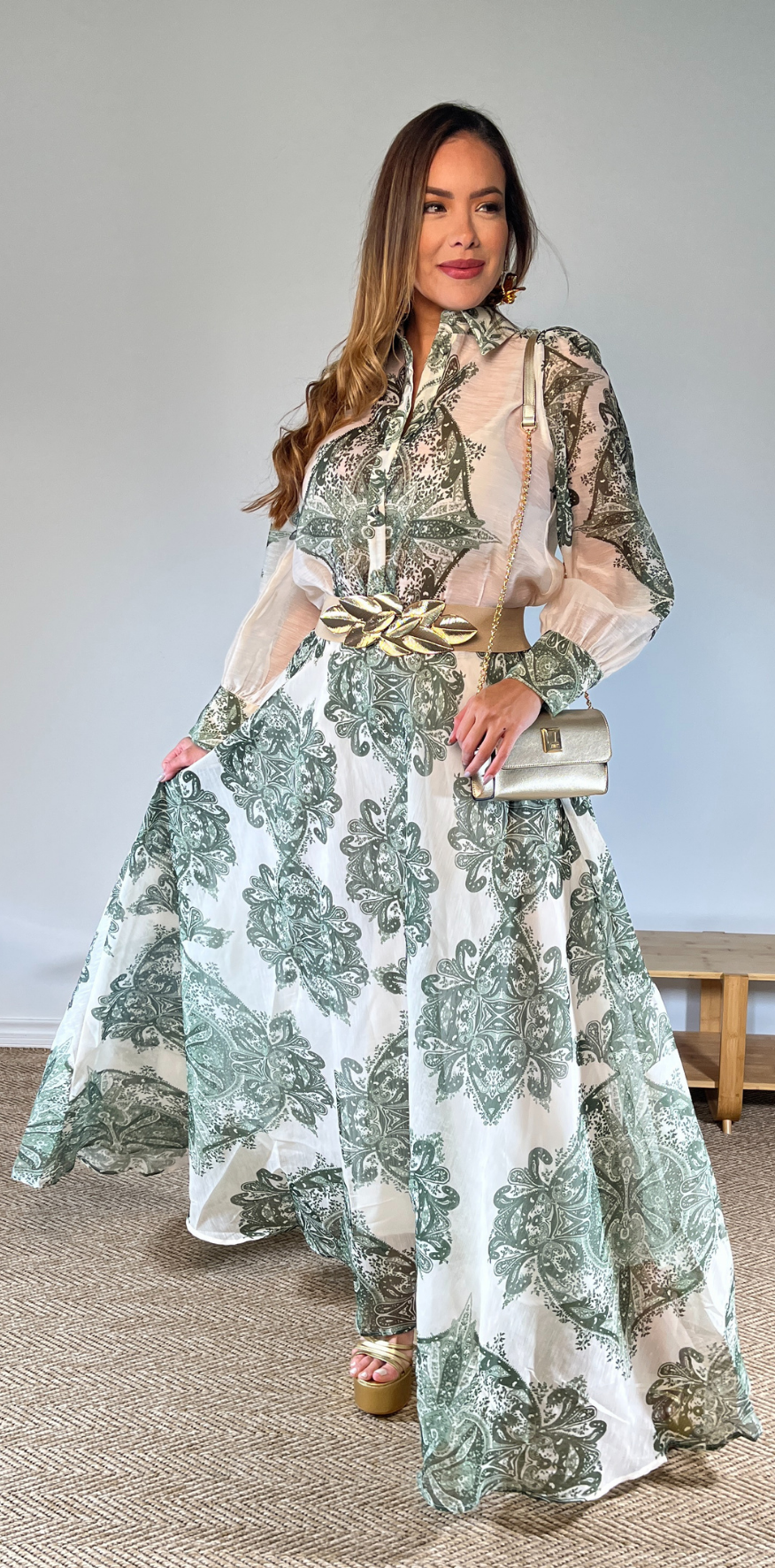 Green Print Linen Skirt