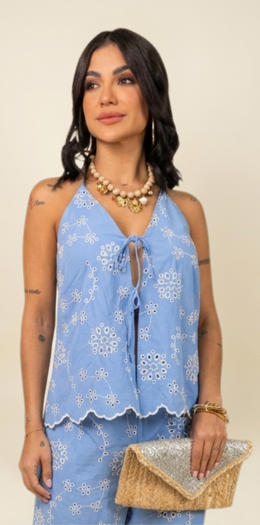 Blue Eyelet Tie-Front Top