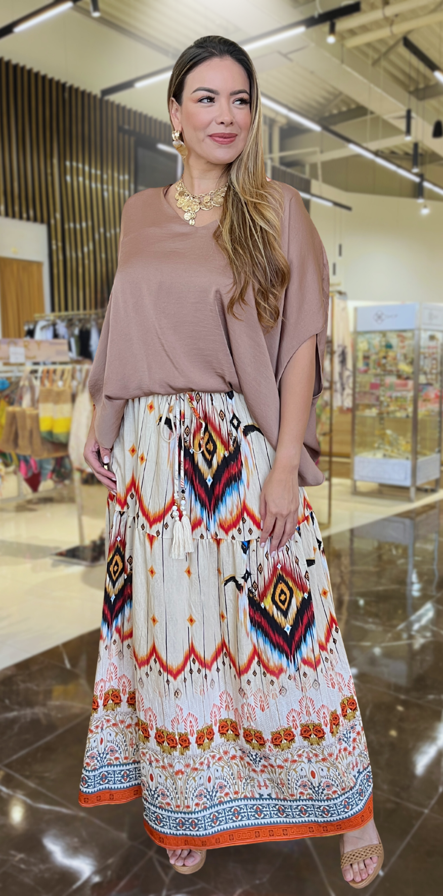 Orange Print Creme Skirt
