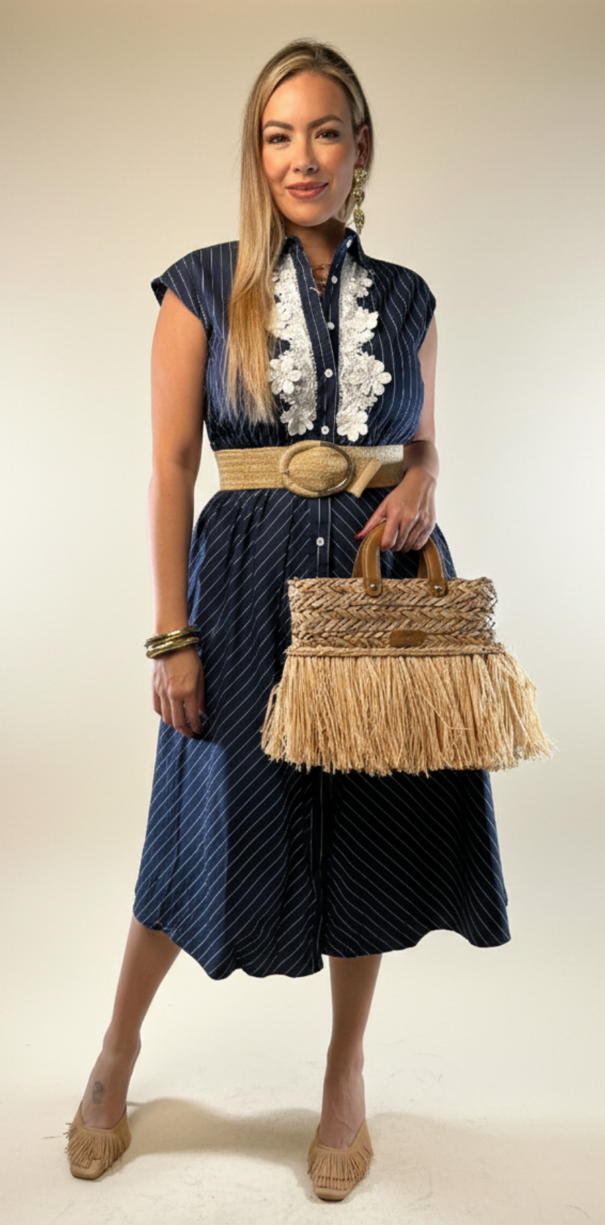 Pinstripe Eyelet Detail Dress