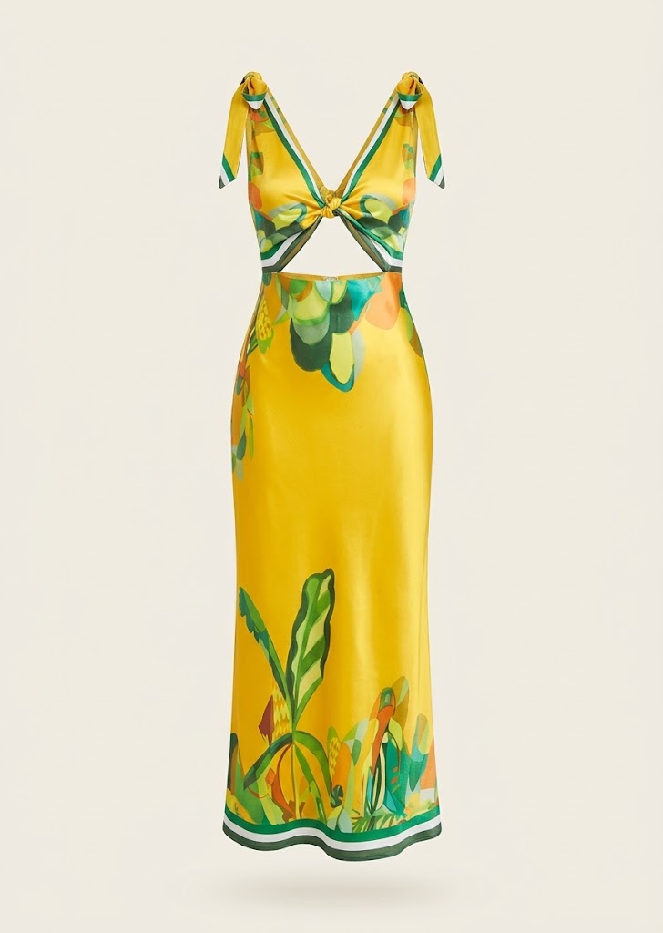 Tropical Satin Cutout Midi Dress