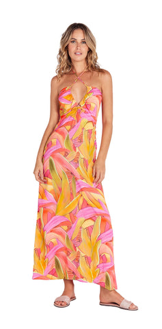 Peach Floral Strapped Beach Dress