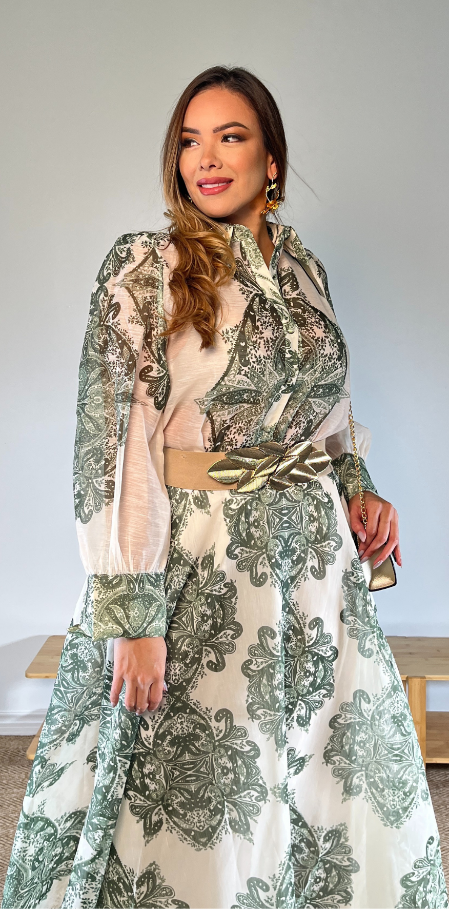 Green Print Linen Blouse