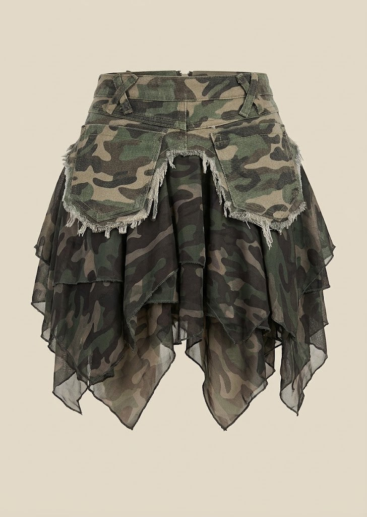 Camo Print Ruffle Denim Skirt