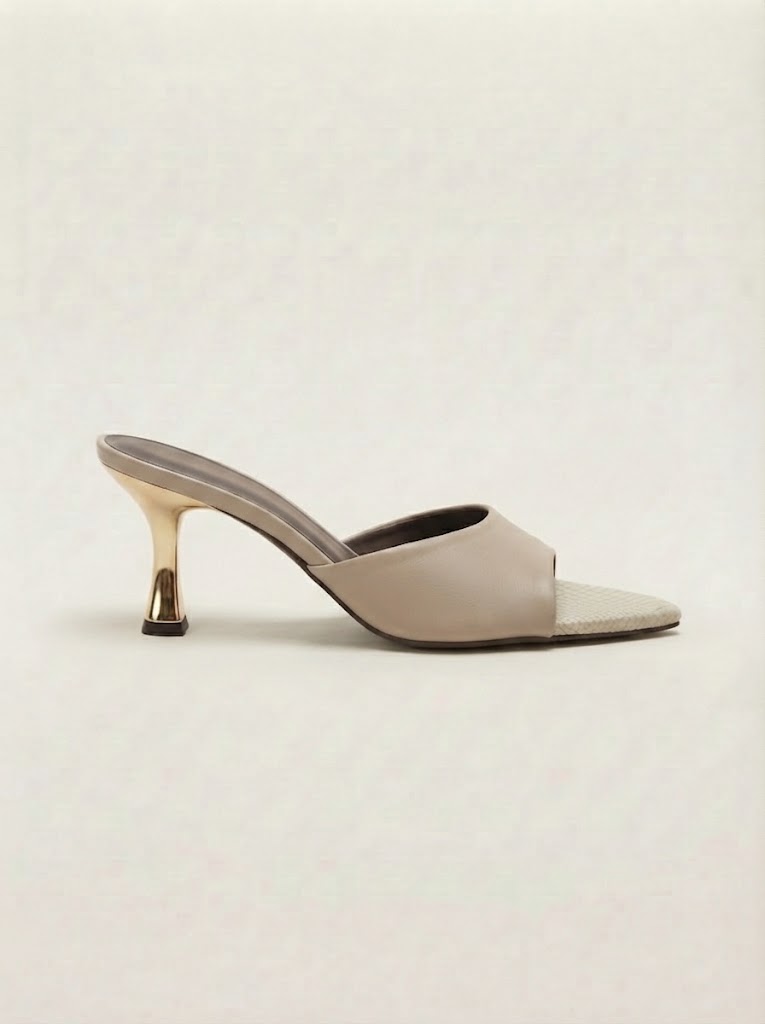 A single light beige leather mule sandal with a low kitten heel and a metallic gold accent on the back of the heel, shown from a side profile against a light beige background.