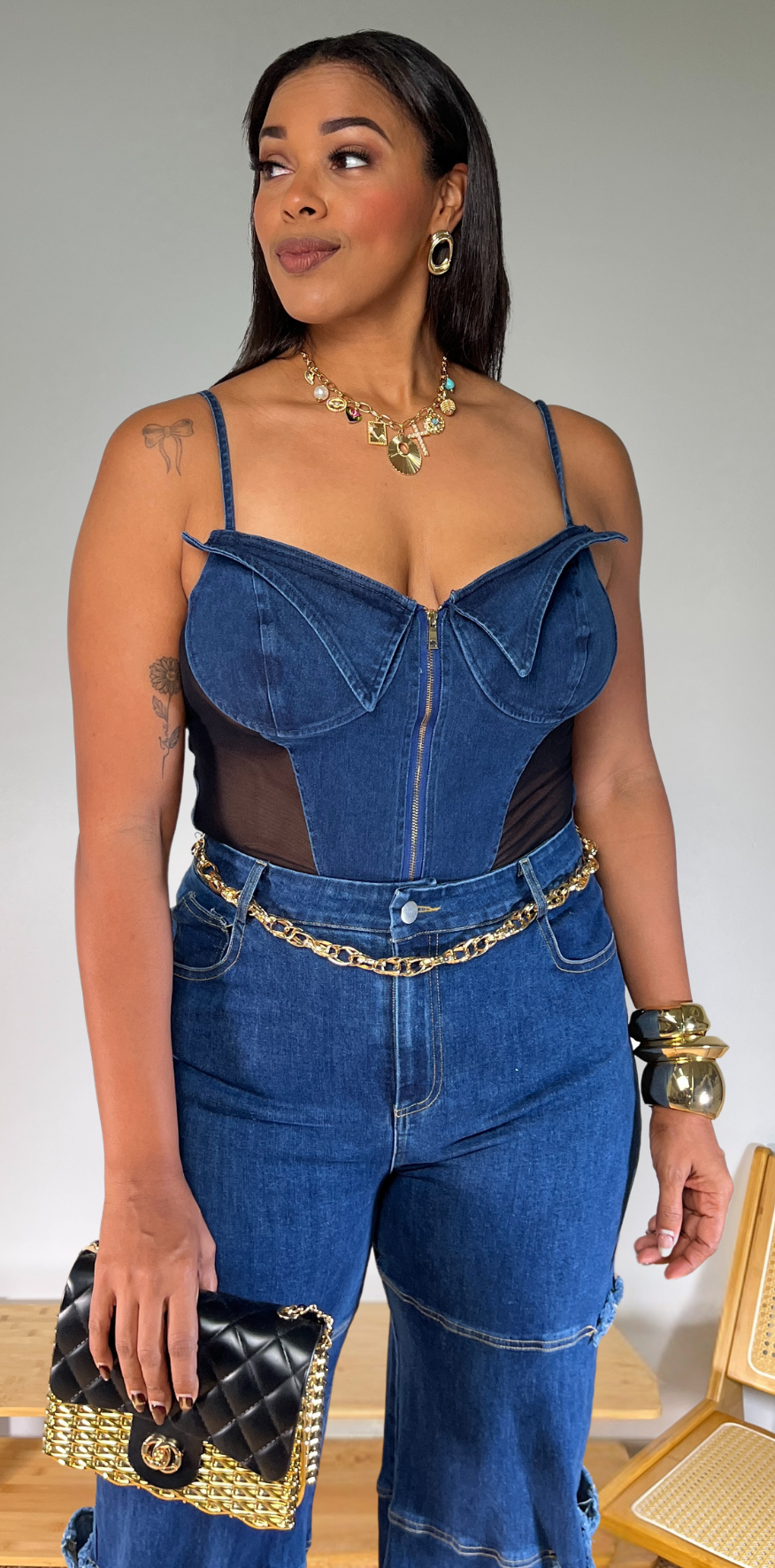 Blue Denim and Black Bodysuit