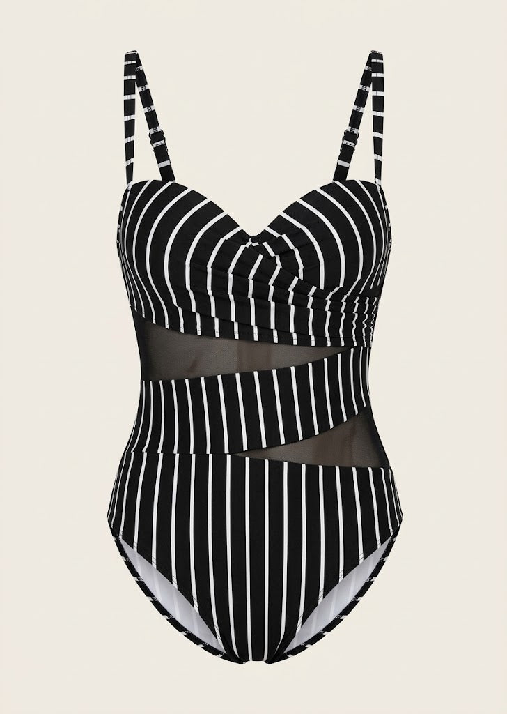 Striped Mesh Insert Swimsuit
