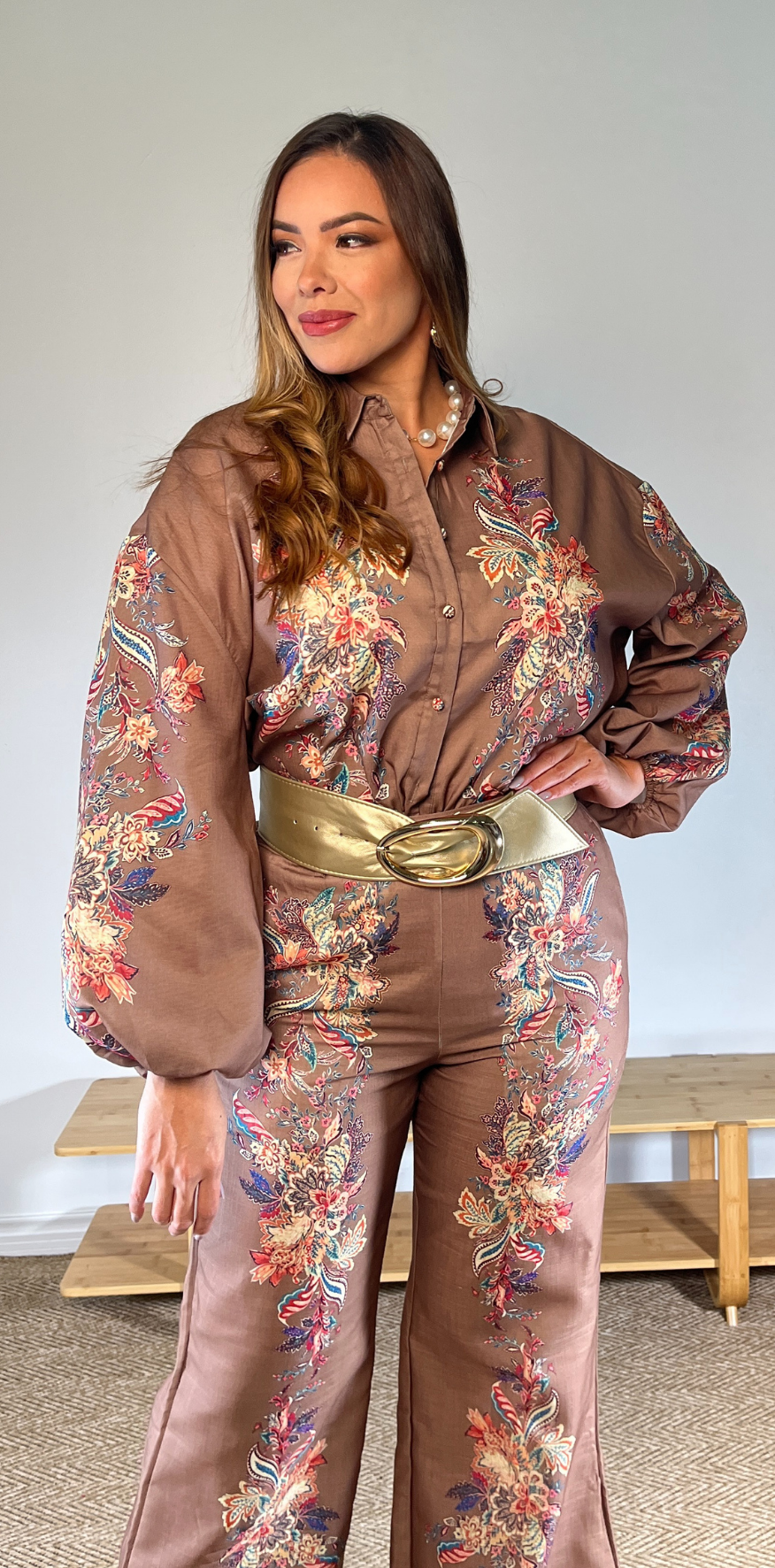 Floral Print Mocha Blouse