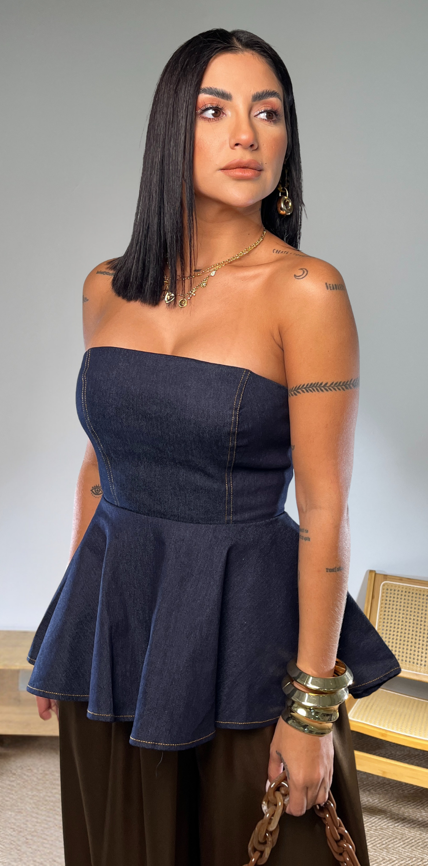 Blue Strapless Denim Blouse