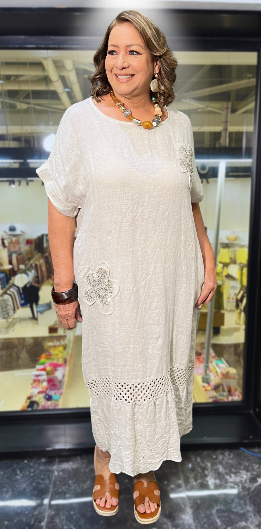 Beige Floral Lino Dress