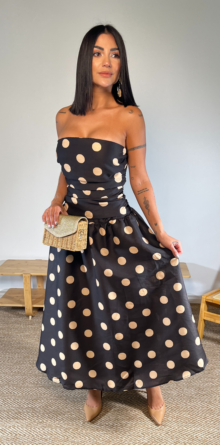 Beige Polka Dots Black Dress