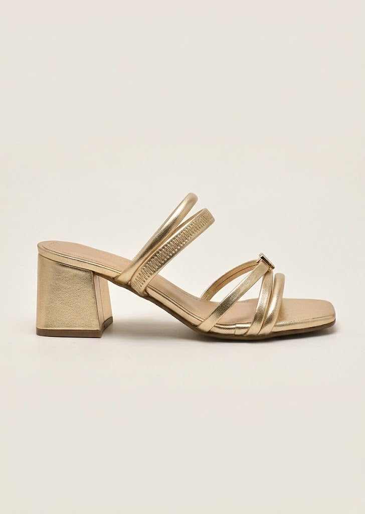 Metallic Strappy Block Heel Mules