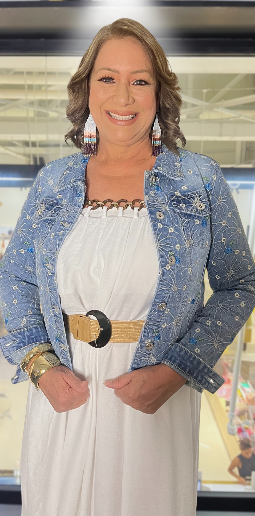 Beige Stitched Blue Denim Jacket