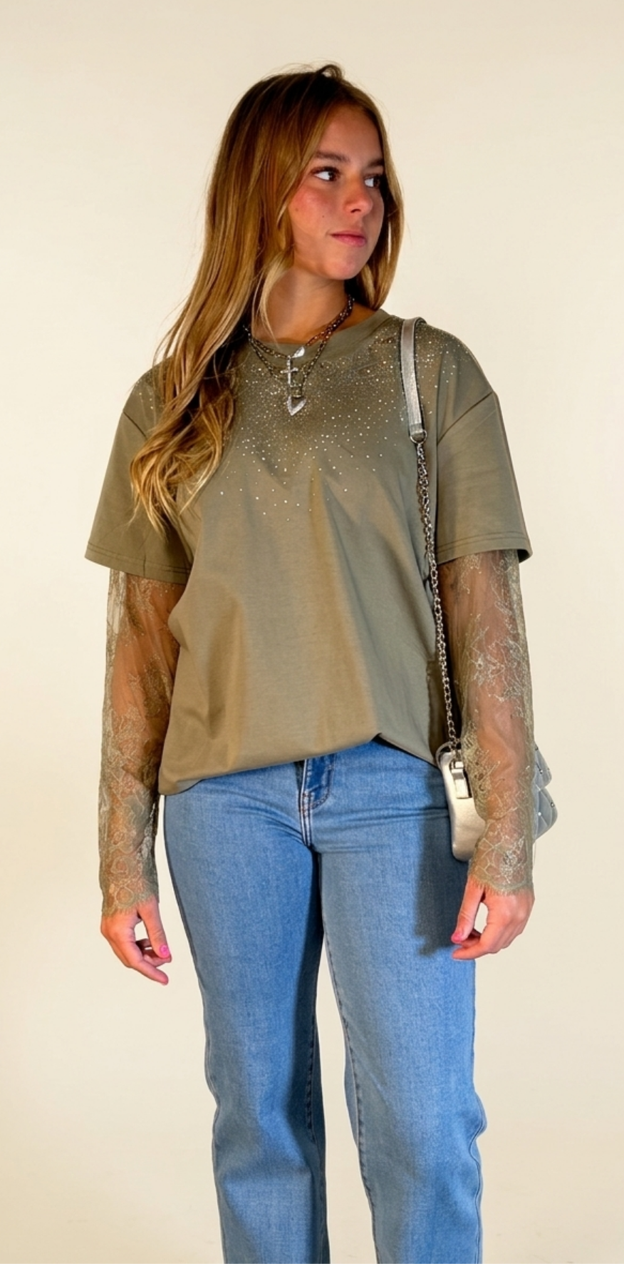 Embellished Lace Sleeve Shirt