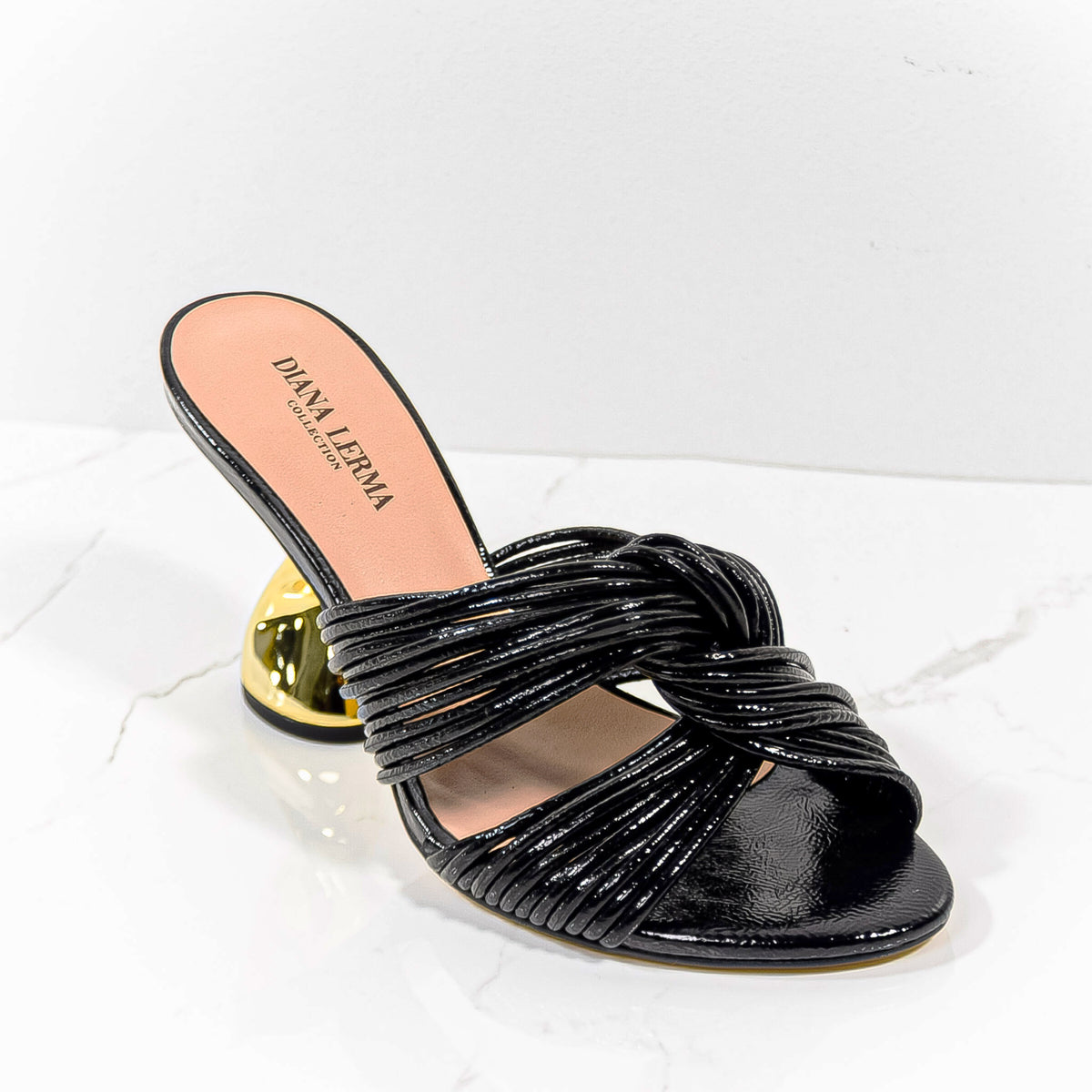 Black Straps Gold Heels
