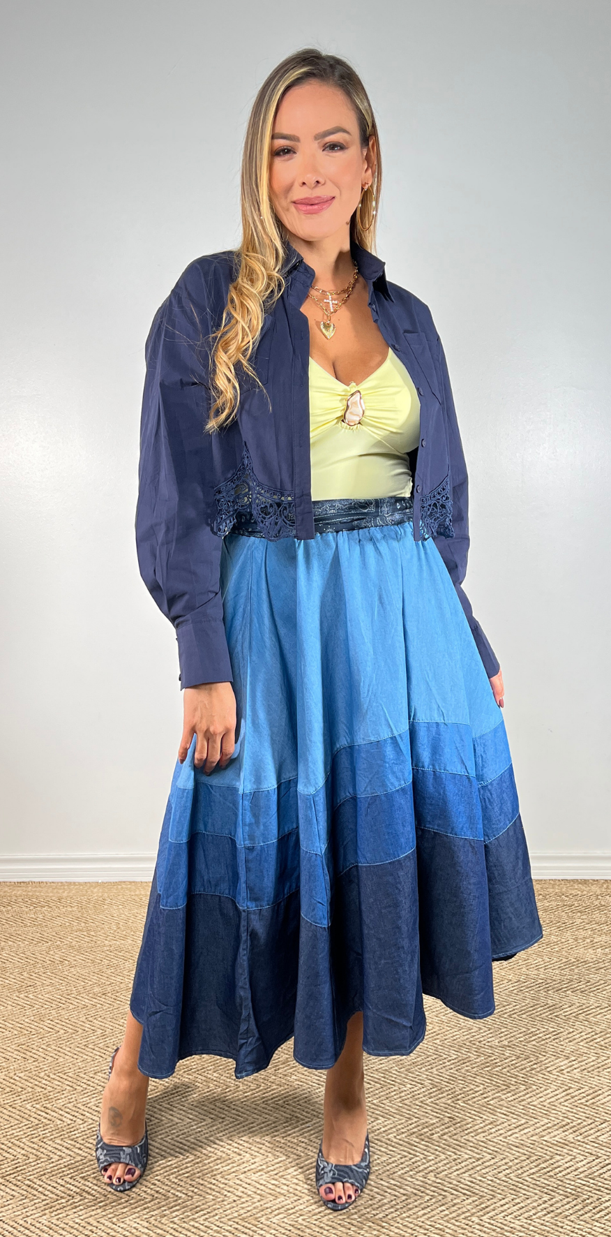 Gradient Tiered Denim Midi Skirt