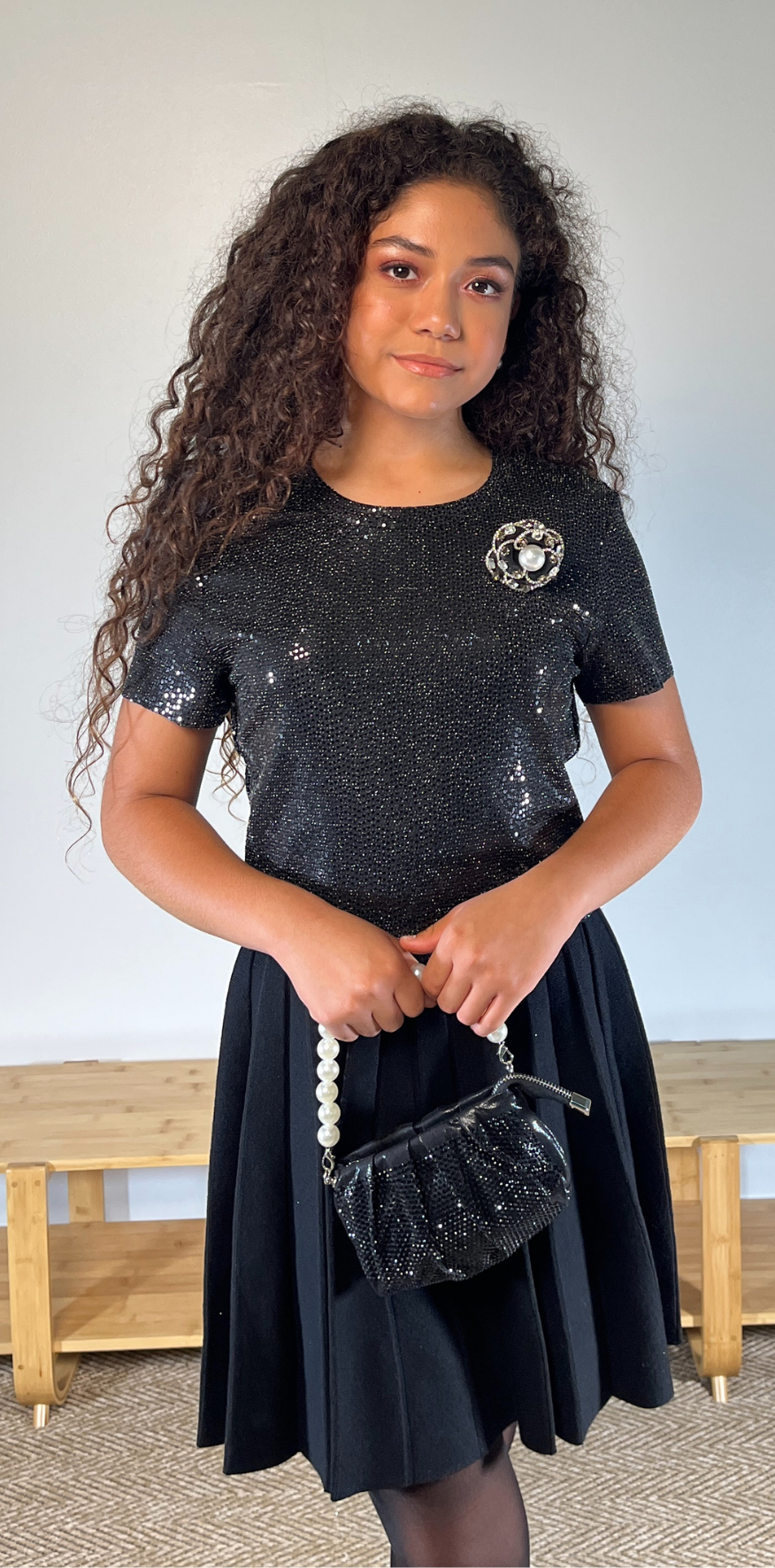 Black Sequin Short Sleeve Top