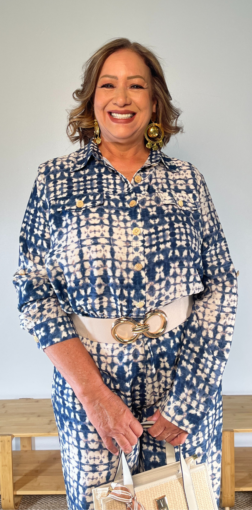 Navy/White Print Collared Blouse