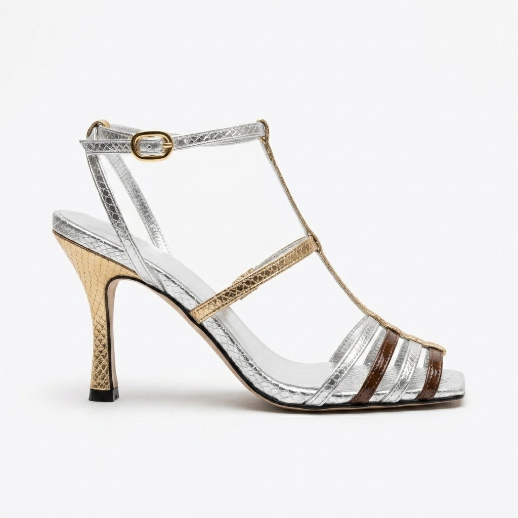 Gold Detail Strappy Silver Heels