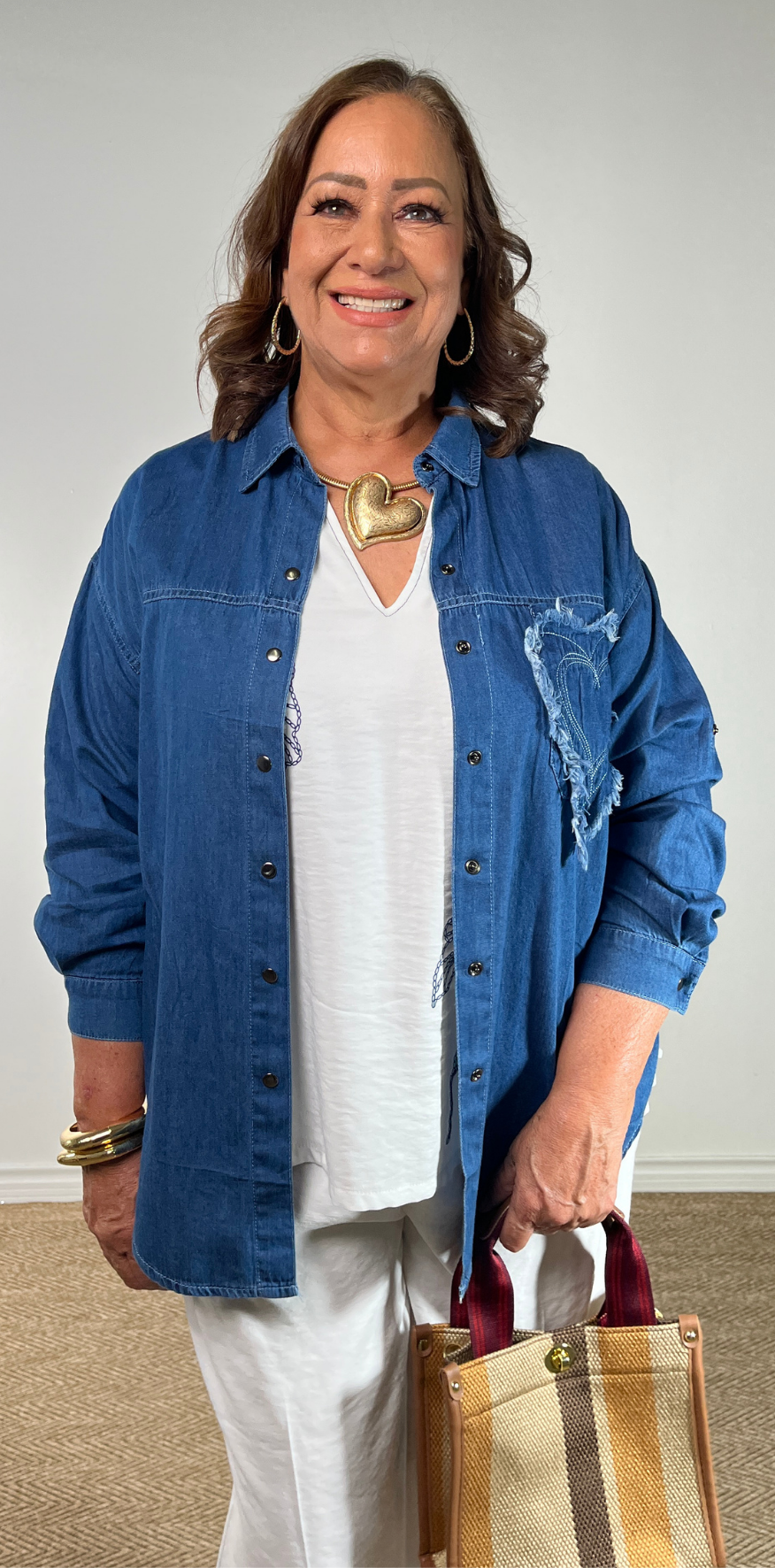 Leaf Embroidered V-Neck Linen Blouse