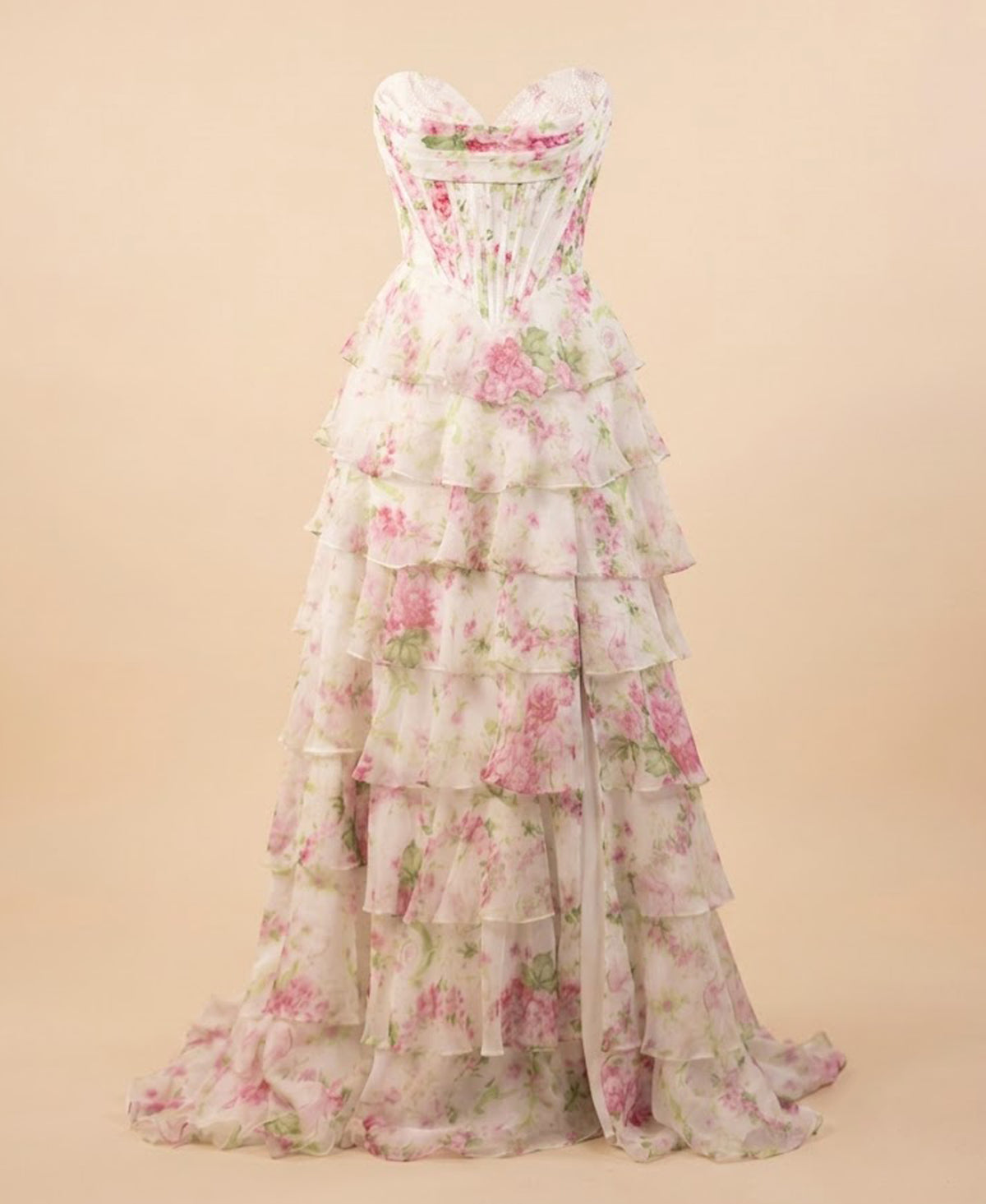 Strapless Floral Ruffle Gown