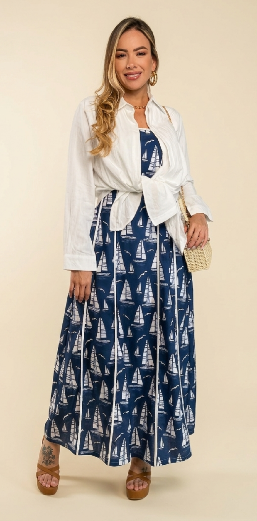 Sailboat Print Navy Maxi Dress