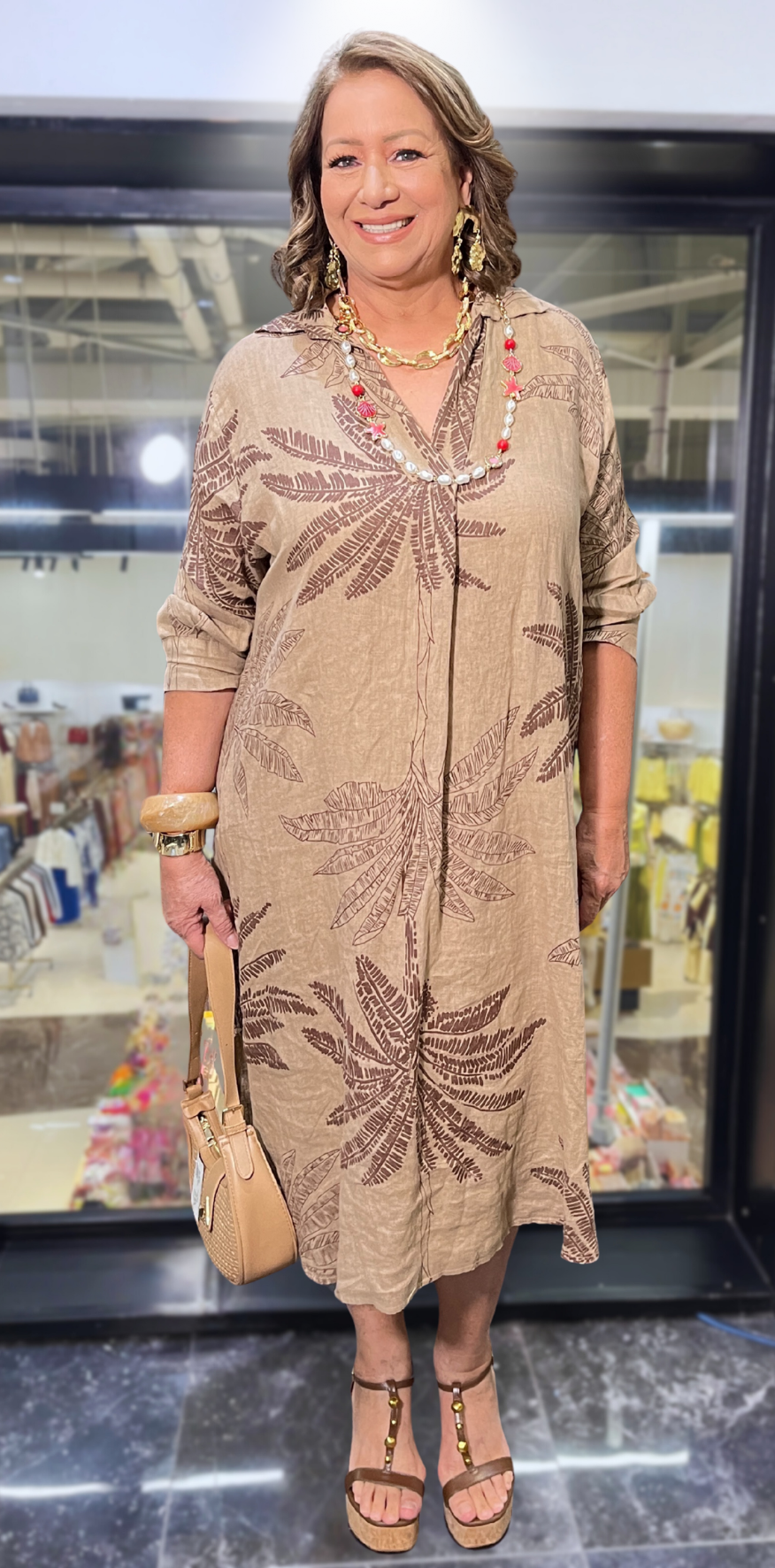 Beige Palm Print Lino Dress