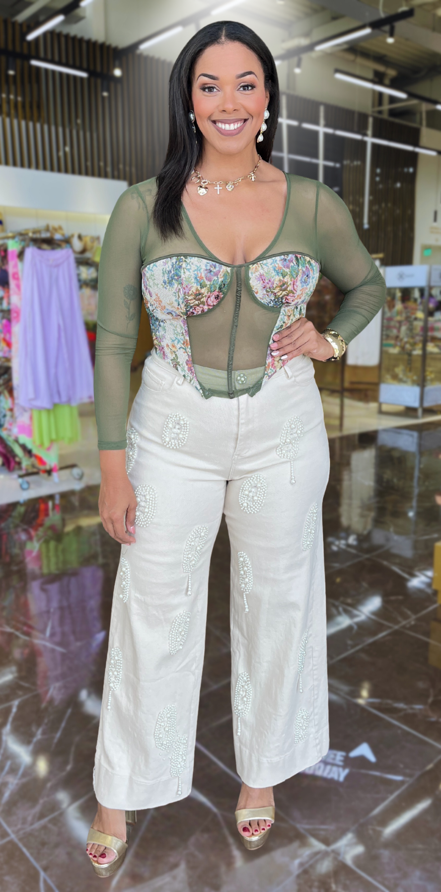 Pearls Detail Beige Jeans