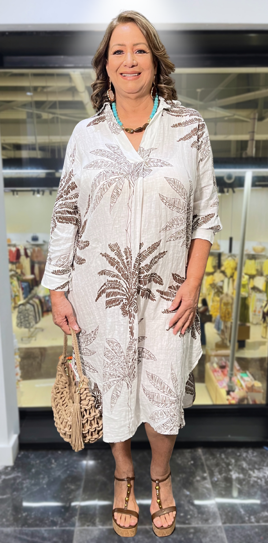 White Palm Print Lino Dress