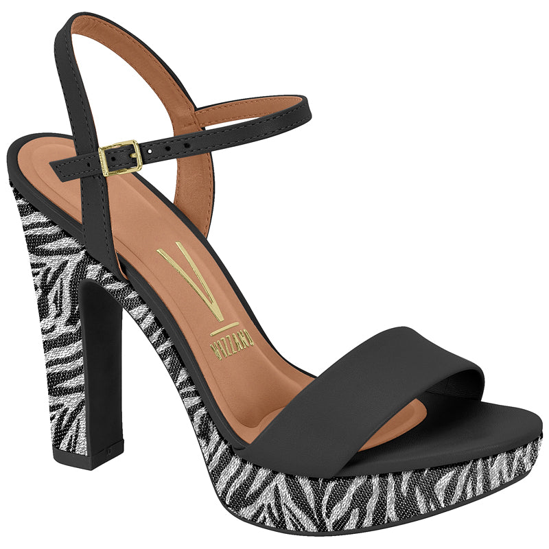 Black Straps Print Block Heels