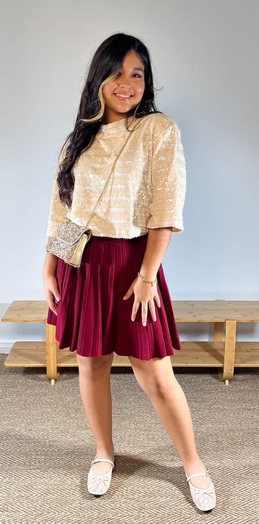 Wine Red Knit Pleated Mini Skirt