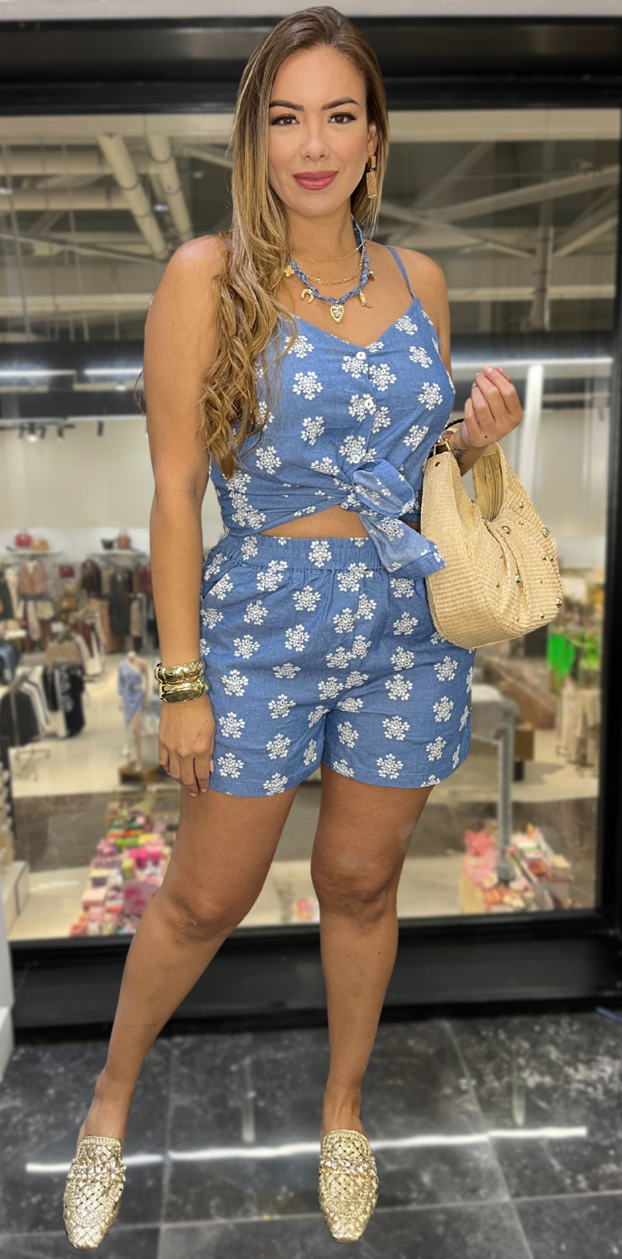 White Stitched Blue Shorts