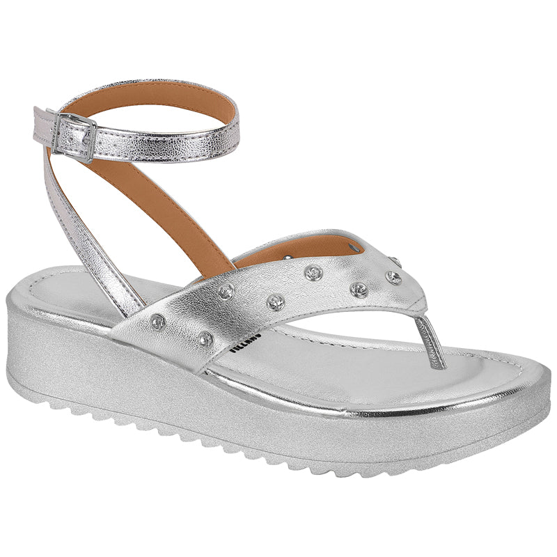 Silver Ankle Strap Studded Platform Sandals