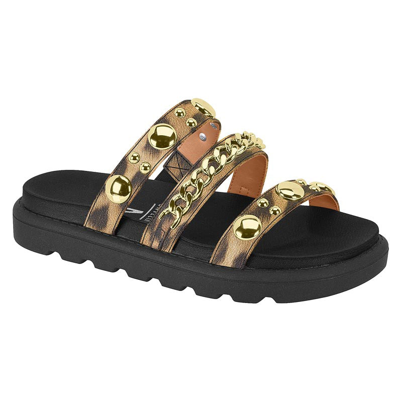 Gold and Print Straps Black Sandals