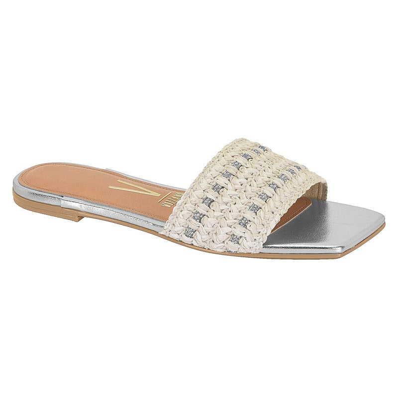 Beige Woven Silver Slide Sandals