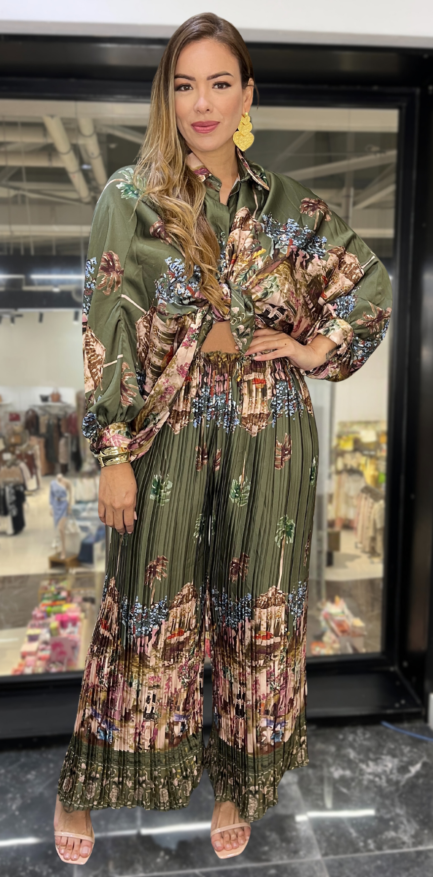 Olive Print Pleated Skirt