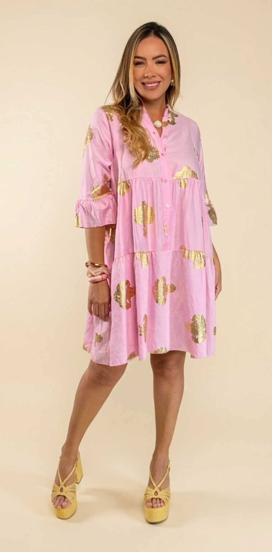 Tiered Buttoned Mini Dress with Gold Foil