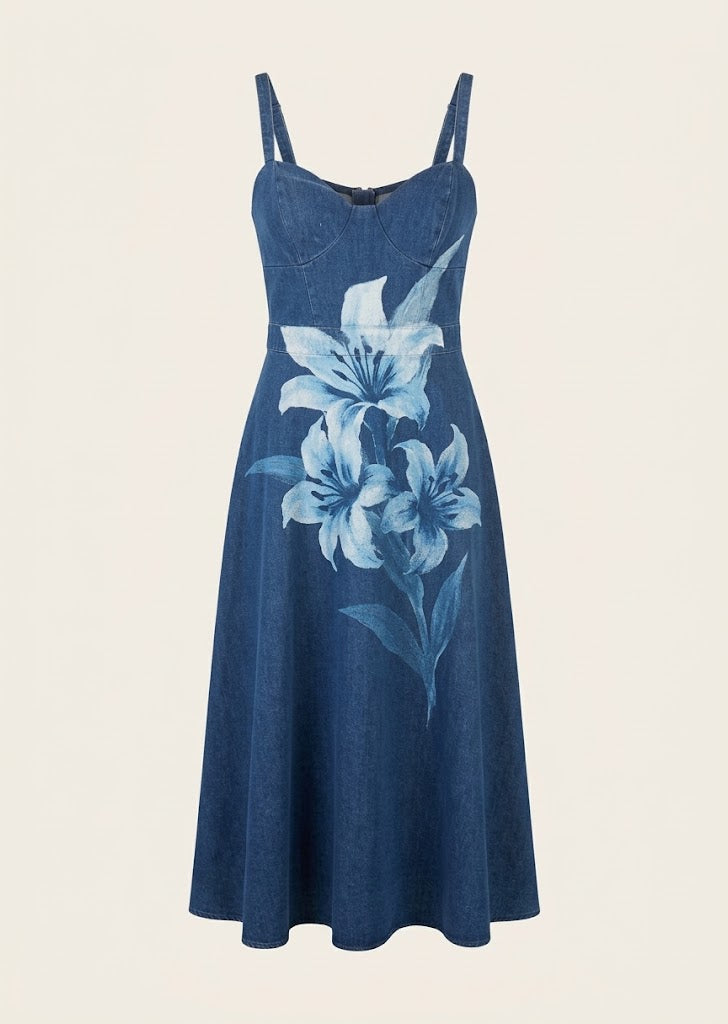 Lily Floral Print Denim Dress