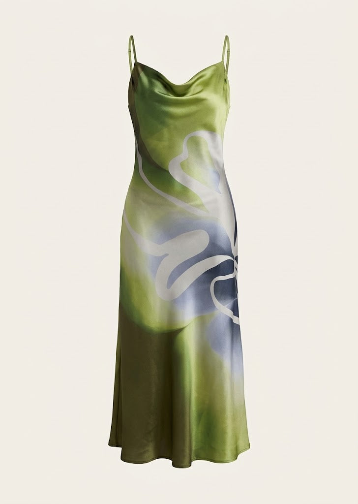 Abstract Floral Satin Slip Dress