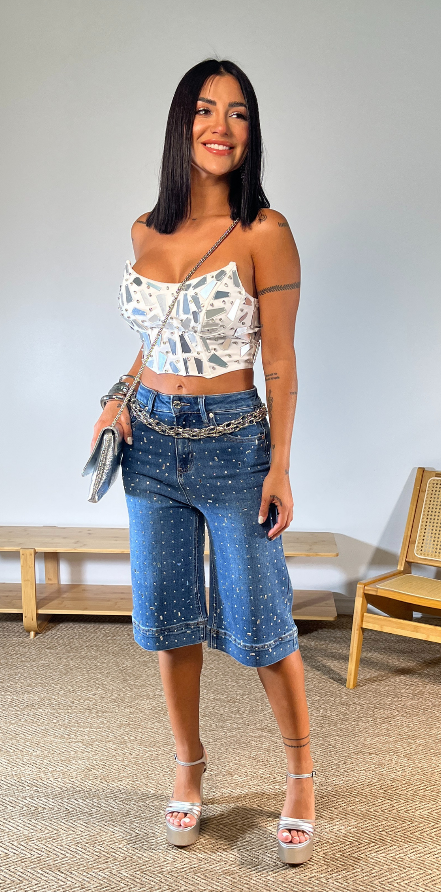 Blue Studded Bermuda Shorts