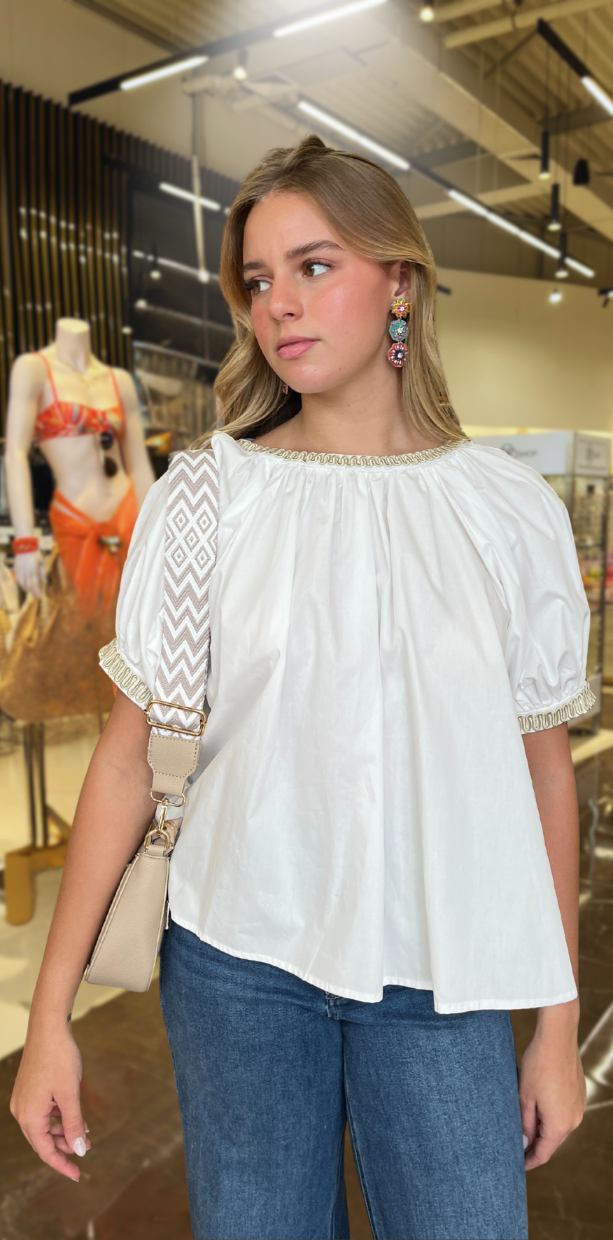 Beige Details White Blouse