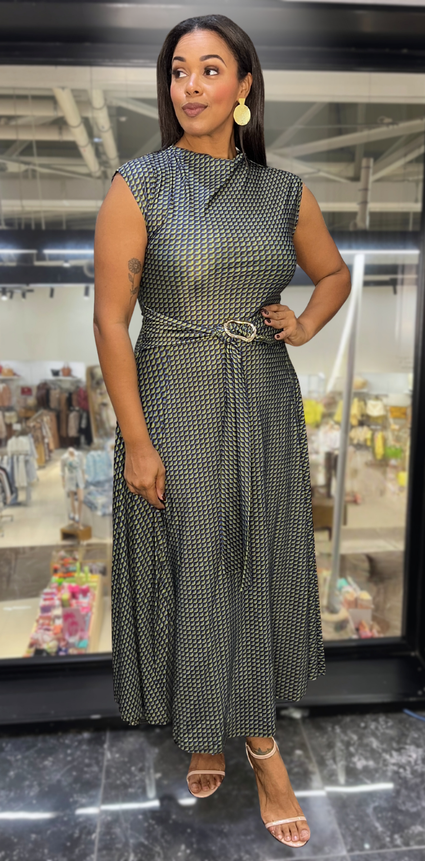 Blue and Green Mini Print Dress