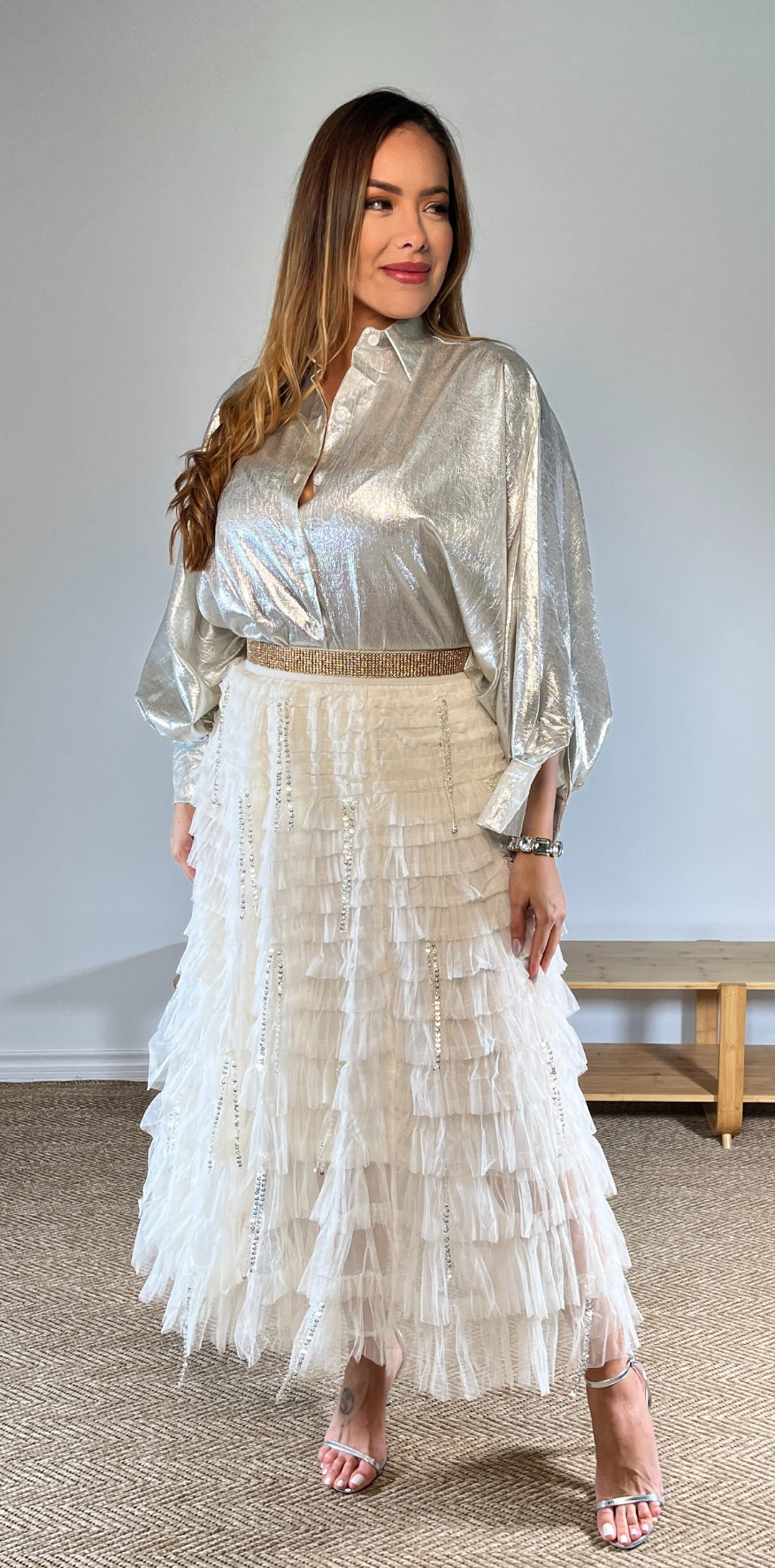 Ivory Beaded Pleated Skirt