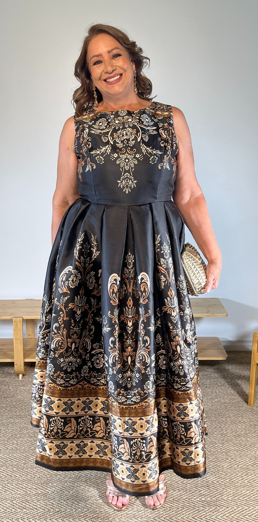 Beige Print Black Dress