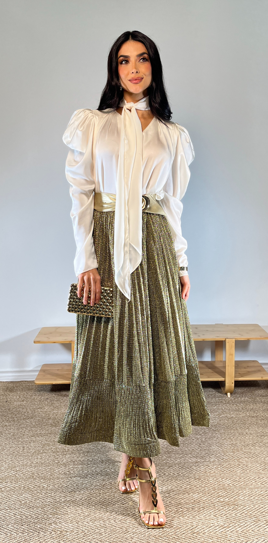 Gold Pleated Long Skirt