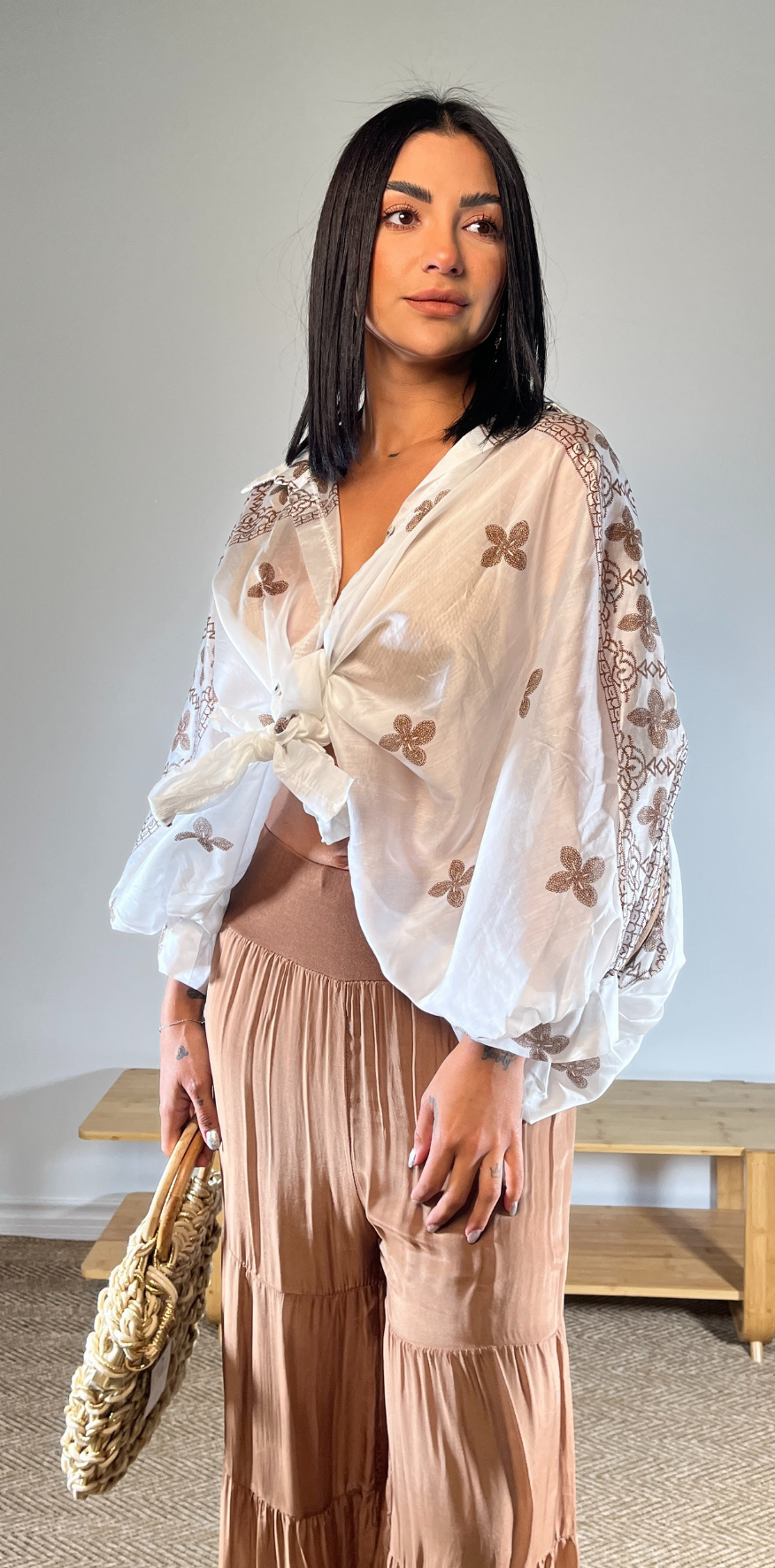 Brown Stitched White Blouse