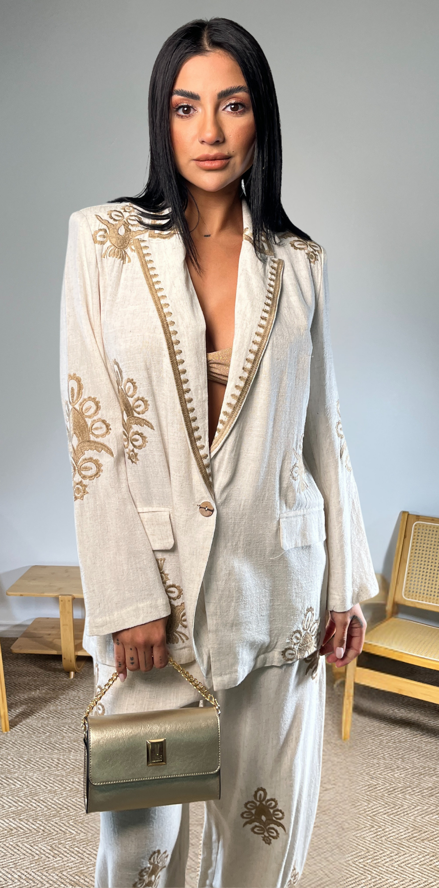 Bronze Detail Beige Oversized Jacket