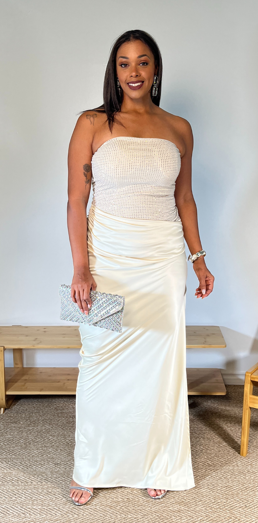 Cream Sequin Strapless Dress